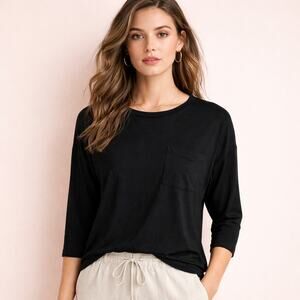 Eileen Fisher Fleece Crewneck Top Womens PXS Petite Black Tencel Lyocell Pocket